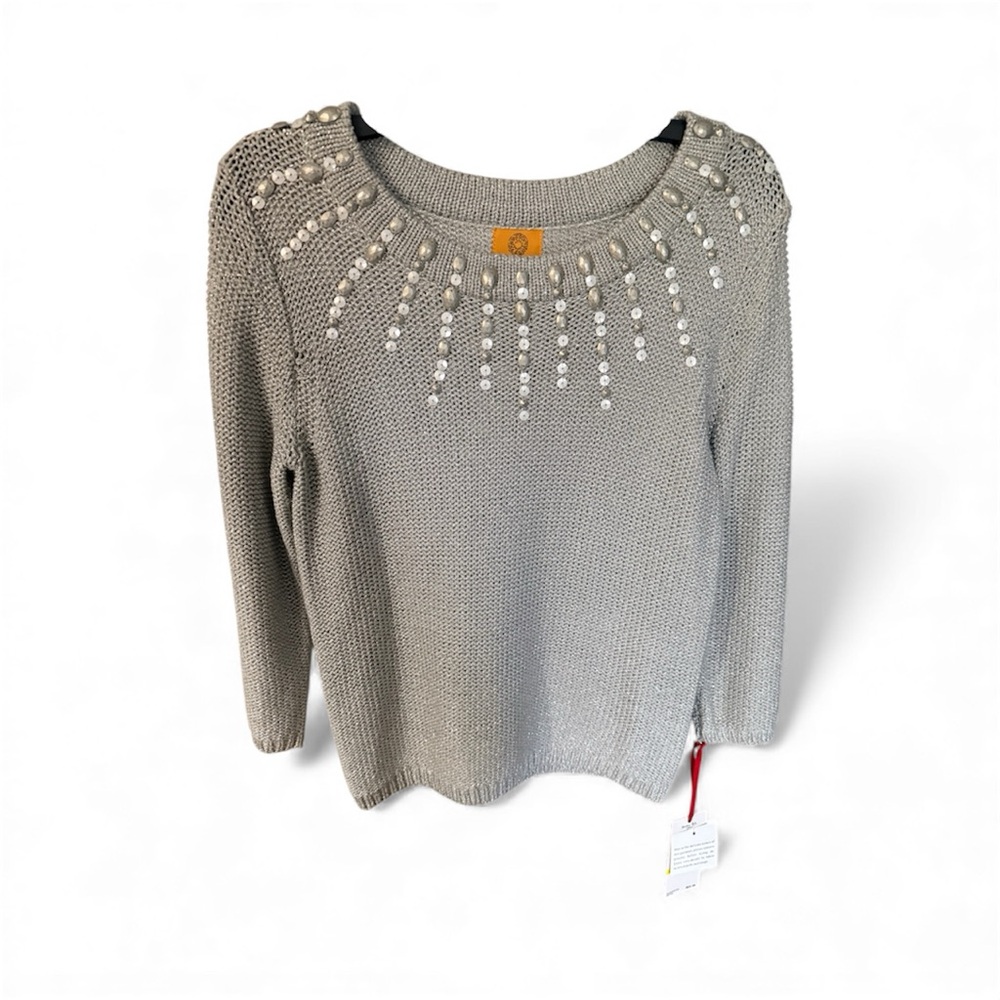 Ruby Red Gray Beaded Neckline Women's Sweater 3/4 sleeve Sz. PM -NWT